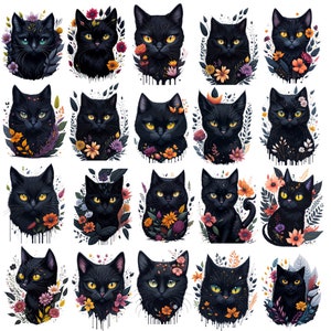黒猫のクリップアート、面白い猫のデザインバンドル、猫のクリップアート、かわいい猫のPNG、花柄の猫のアート、商用利用、インスタントデジタルダウンロード、かわいい子猫