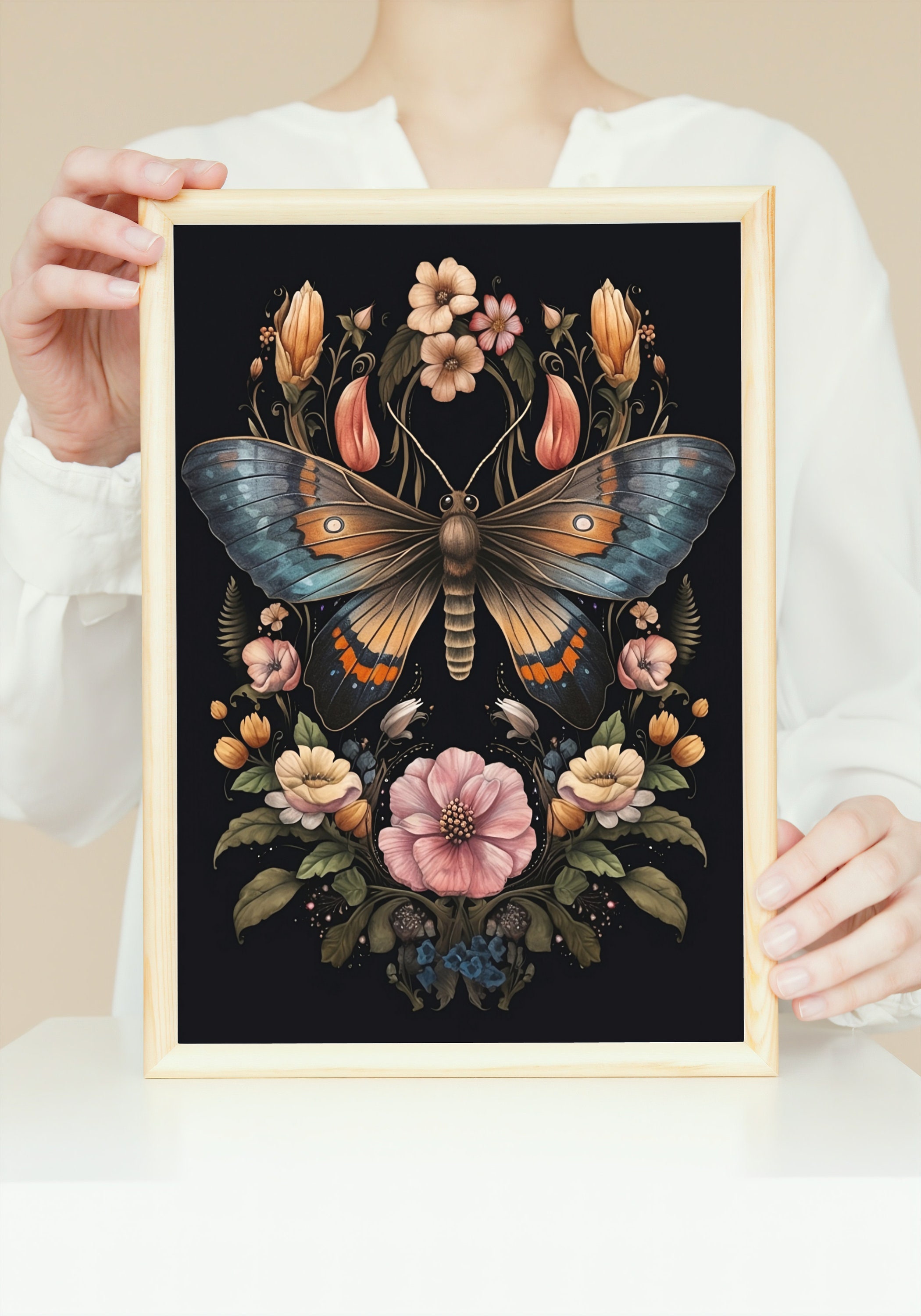Botanical Moth Dark Academia Floral Art Dark Cottagecore Witchy Decor ...