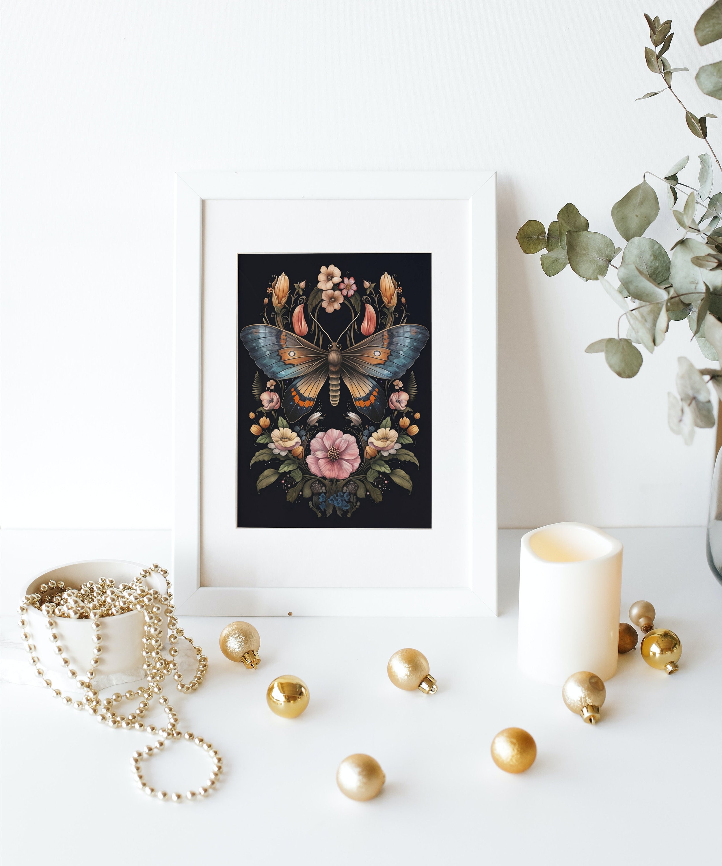 Botanical Moth Dark Academia Floral Art Dark Cottagecore Witchy Decor ...