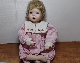 Porcelain Blonde Hair Blue Eyes Doll in Pink Outfit 9"