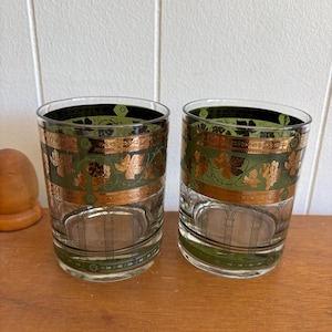 Vintage Old Fashioned Glasses- Cera Golden Grapes Green Barware 8 oz Glasses Set of Two