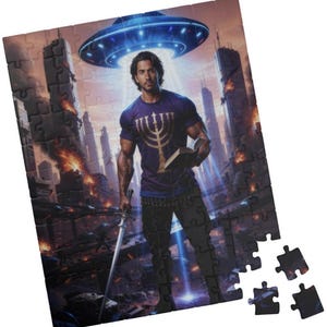 May include: A completed jigsaw puzzle featuring a man in a purple shirt with a gold emblem, holding a book and sword, under a glowing UFO. The background shows a city in flames, with a dramatic, sci-fi theme.