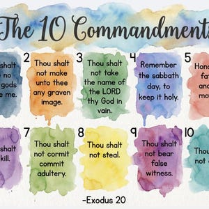May include: Watercolor illustration of the Ten Commandments, each statement within a colorful, textured square. The title "The 10 Commandments" is at the top. The text "Exodus 20" is at the bottom.