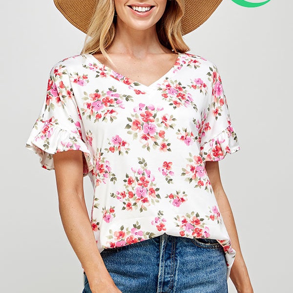 Elegant Floral Print Ruffle Sleeve Top