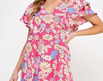 Floral Print Mini Dress • Flutter Sleeve, V Neck (Made in USA)