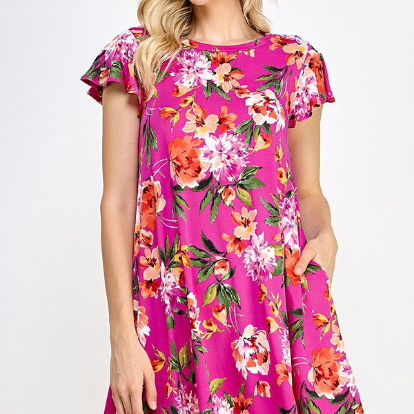 Flutter Sleeve Round Neck Floral Knit Dress