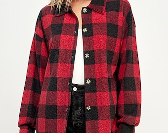 Camisa de franela de corte holgado con botones y sobrecamisa a cuadros extragrande