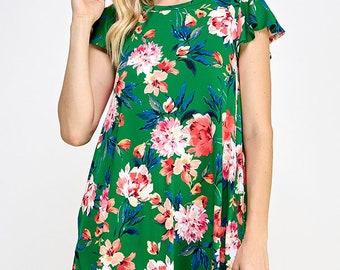 Floral Print Flutter Sleeve Knit Mini Dress • Relaxed Fit