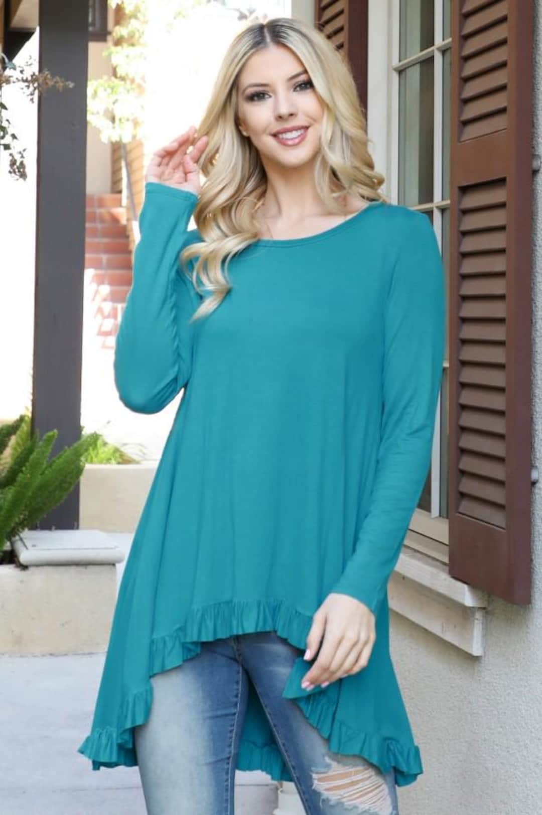 Round Neckline Long Sleeve High Low Hem with Ruffle Detail Solid Knit Top Casual Top Gift for Her Made in USA