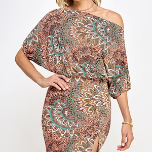 Dolman Sleeve Boat Neck Boho Print Knit Dress