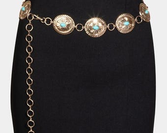 Vintage Southwest Silver Metal Chain Belt With Faux 