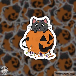 May include: A black cat peeking out of a jack-o'-lantern filled with candy. The cat has big eyes and a happy expression. The pumpkin is orange with a traditional jack-o'-lantern face.