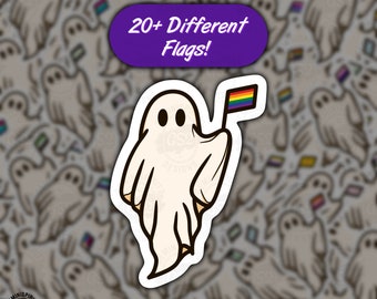 May include: A white ghost holding a rainbow pride flag. The ghost is surrounded by other ghosts, each holding a different pride flag. The text "20+ Different Flags!" is written in a purple banner above the ghost.