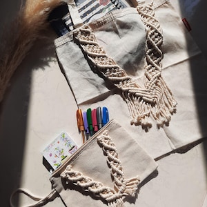Customizable Macrame Tote Bag with Pouch: Handmade Beige Canvas