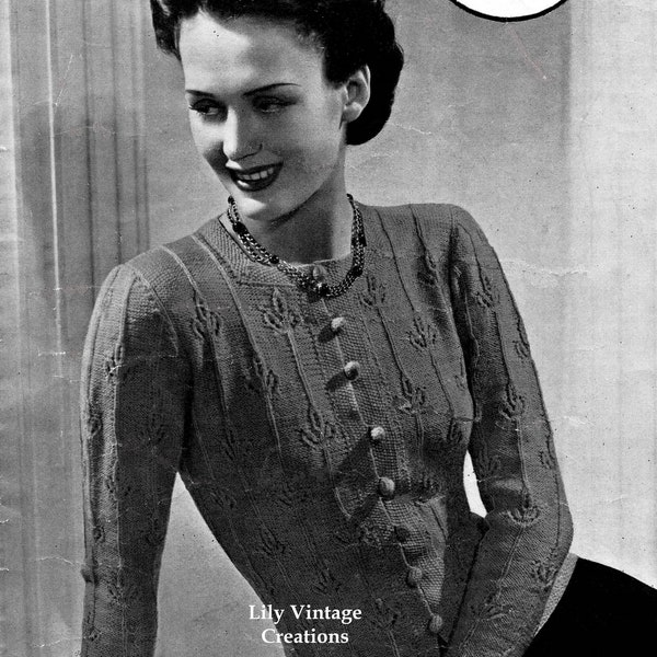 Vintage Flower Jumper-Cardigan knitting pattern - circa 1940s - resizing instructions included.
