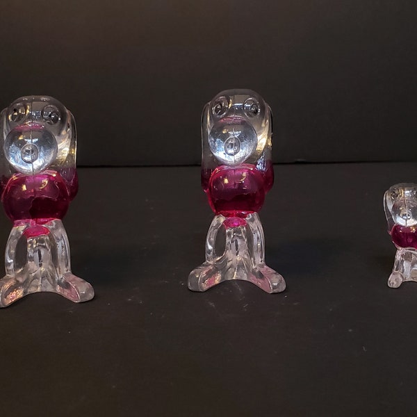 Vintage Clear Lucite Snoopy Figurine with Pink Accent. 1960s. Set of 3.
