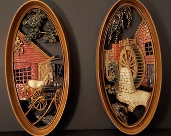 Vintage Burwood Products Plastic Wall Decor. Livery Stable and Waterwheel. 4331 and 4332.