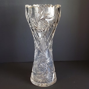 American Brilliant Period Cut Glass Corset 12&quot; Vase with Pinwheel Pattern and Sawtooth Rim