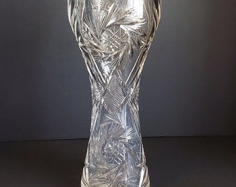 American Brilliant Period Cut Glass Corset 12&quot; Vase with Pinwheel Pattern and Sawtooth Rim
