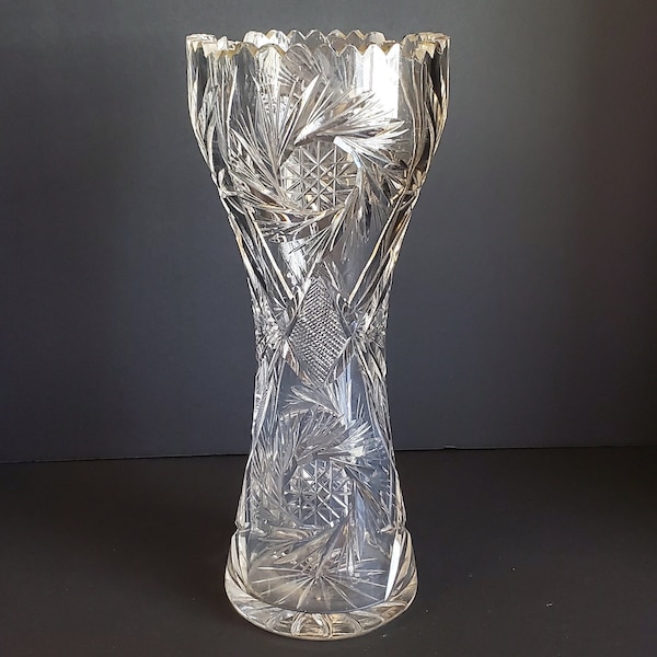 American Brilliant Period Cut Glass Corset 12 » Vase avec motif moulinet et jante en dents de scie