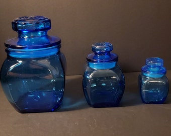 Vintage Blue Glass Canister Apothecary Jars with Lids. Set of 3.