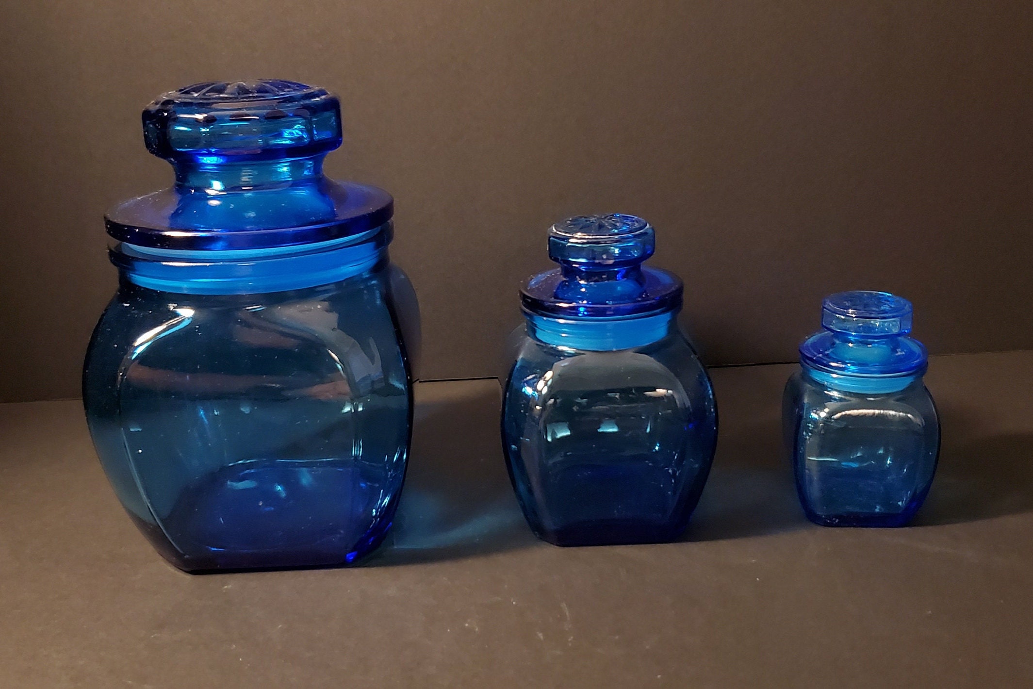 Vintage Blue Glass Canister Apothecary Jars With Lids. Set of 3. Etsy