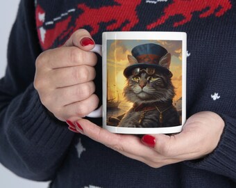 Distinguido felino playa puesta de sol retrato - gato, taza de cerámica Sir Meow 11oz