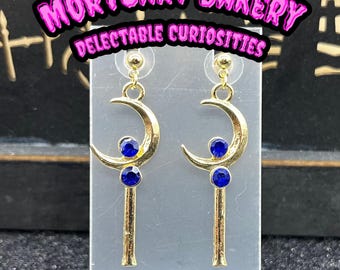 Moon Earrings, Kawaii Moon Earrings, Kawaii, Moon, Kawaii Earrings, Kawaii Jewelry, Kawaii Charms, Wand Earrings, Rhinestone Earrings