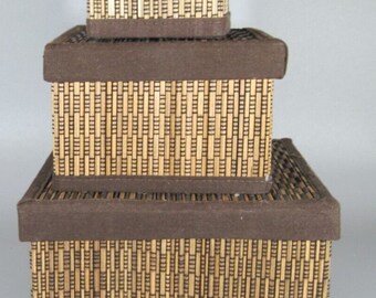 Brown Bamboo Organization Square Storage Box with Lid [Nesting Set of 3]