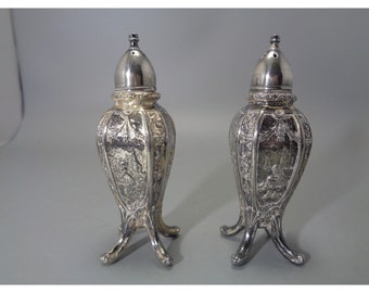 Antique Dutch Scene Salt & Pepper Shakers Footed Silver #2313