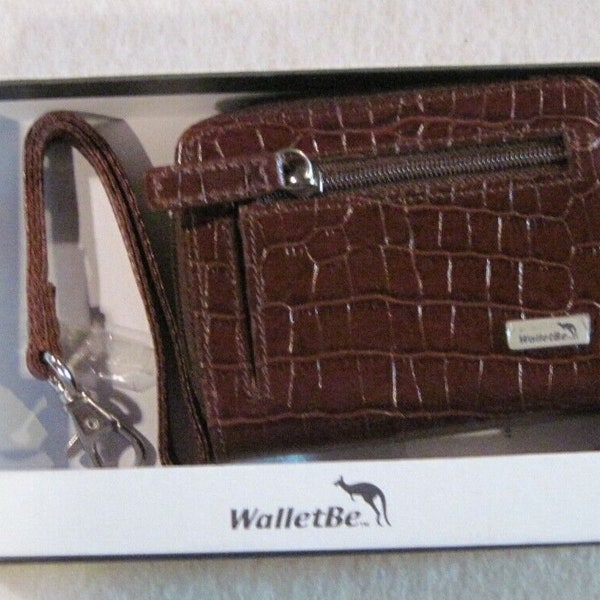 Walletbe Brown Croc Embossed Genuine Leather ID Wallet Zip Accordion Card Slots