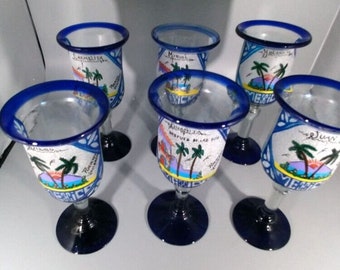 Mexican Hand Blown Cobalt Blue Rim Wine Glass Stem Goblet Set Of 6