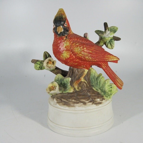 Eda Mann Milano Porcelain RED CARDINAL Bird On A Branch Music BOX