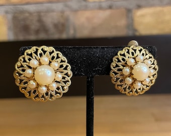 Austria Gold Tone and Faux Pearl Clip Earrings - Beautiful Vintage Earrings