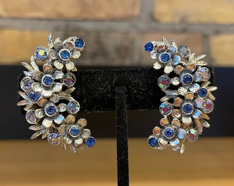 Gorgeous Vintage 1950s BSK Blue AB Rhinestone Clip Earrings - Silver Tone and Sapphire Blue