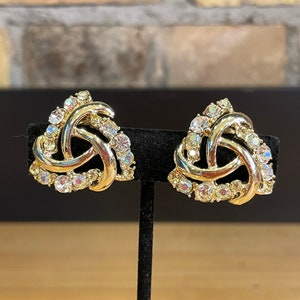 Vintage Gold Tone and Rhinestone Clip Earrings - Clear, AB, and Pale Yellow Rhinestones