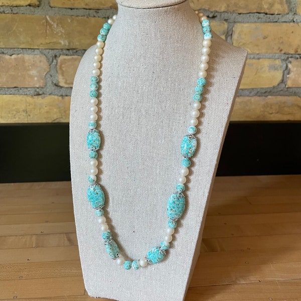 Faux Pearl and Aqua / Turquoise Art Glass Beaded Vintage Mid Century Necklace