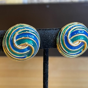 Vintage Green, Blue, and Gold Tone Enamel Swirl Clip Earrings