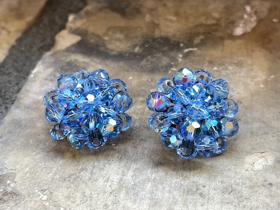 Vintage Bead Cluster Earrings Light Blue Glass Beads With AB