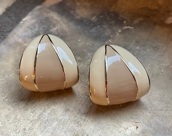 Vintage Signed Napier Gold Tone and Cream Enamel Clip Earrings - High Quality and Great Condition