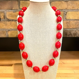 Vintage Chunky Red and Gold Tone Bead Necklace - 1970s
