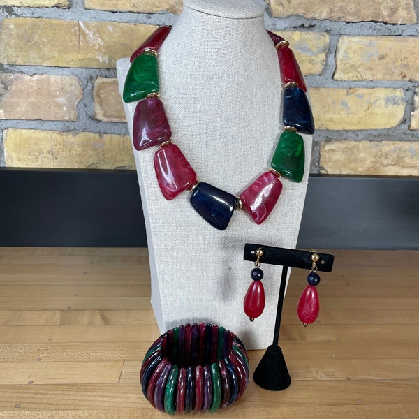 Big Chunky 1980’s / 1990’s Jewel Tone Beaded Necklace, Stretch Bracelet and Dangle Clip Earrings Set