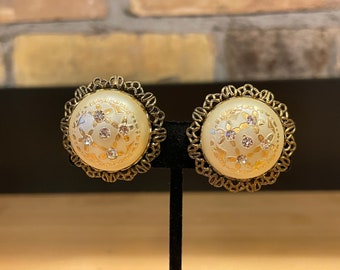 Faux Pearl Button Clip Earrings - Gold Tone with AB Rhinestones - Great Vintage Earrings