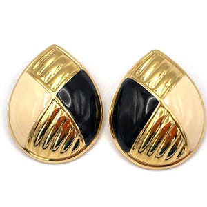 Vintage Enamel Clip Teardrop Statement Earrings in Neutral Colors - Black, Cream, and Gold Tone