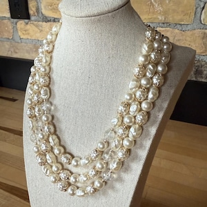 Vintage Hong Kong Three-Strand Vintage Faux Pearl and Gold Tone Bead Necklace - Adjustable Length 15.5-17.5” - Mid Century
