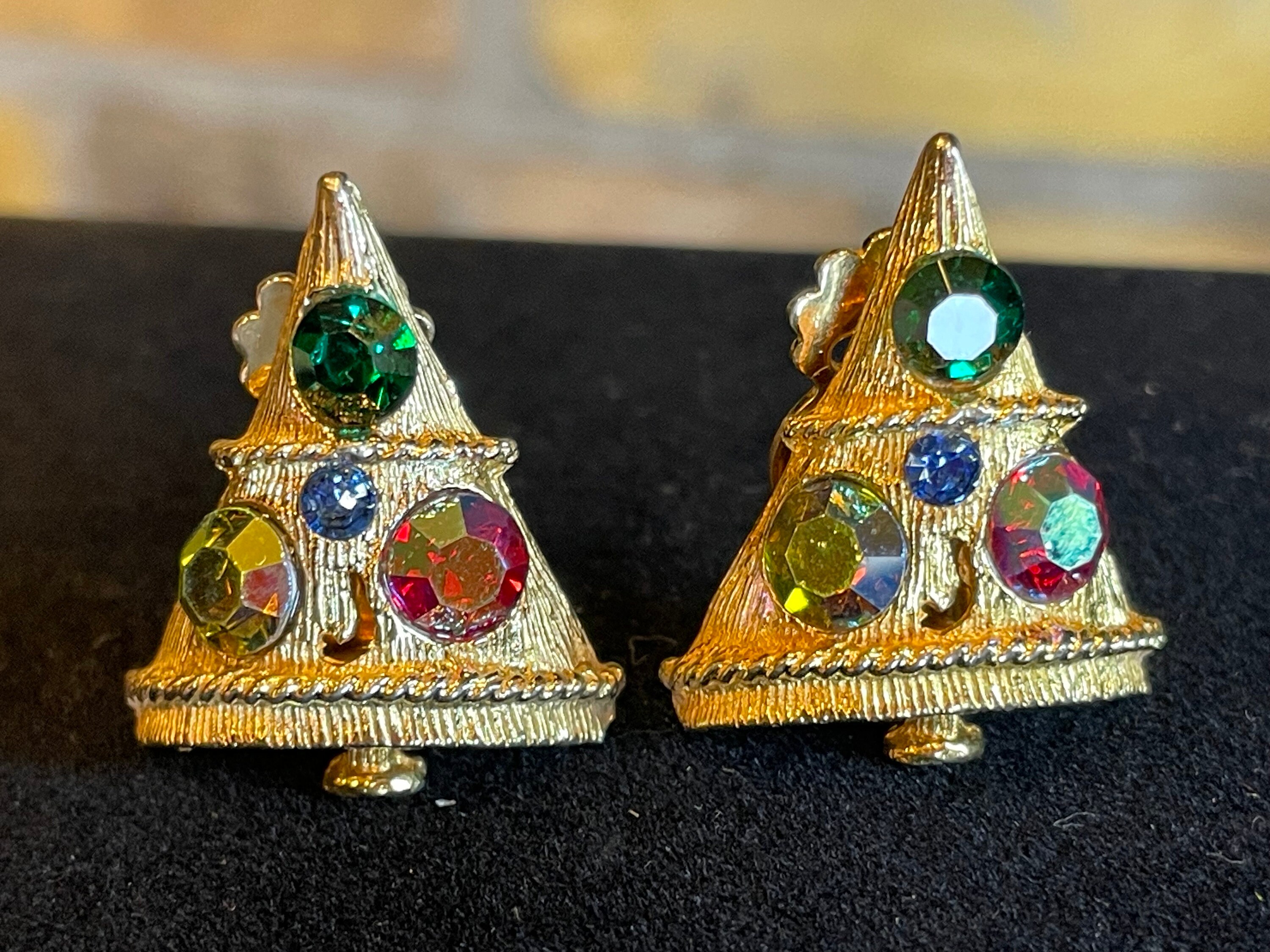 Vintage Unsigned Weiss Christmas Tree Clip Earrings - Gold Tone Holiday Earrings with Jewel Tone AB Aurora Borealis Rhinestones - 1960