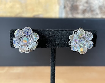 Vintage AB Aurora Borealis Glass / Crystal Bead Cluster Clip Earrings