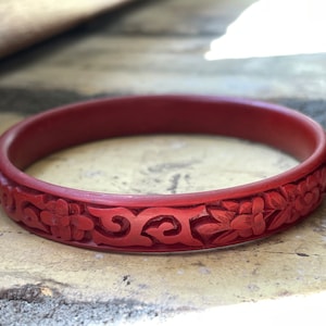 Vintage Carved Red Cinnabar Bangle Bracelet - .4” Wide