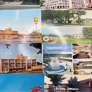 May include: A collage of vintage postcards featuring various commercial buildings, motels, and the Tupperware International Headquarters. The images display mid-century architecture, parking lots, a Shell gas station sign, and a fountain courtyard.