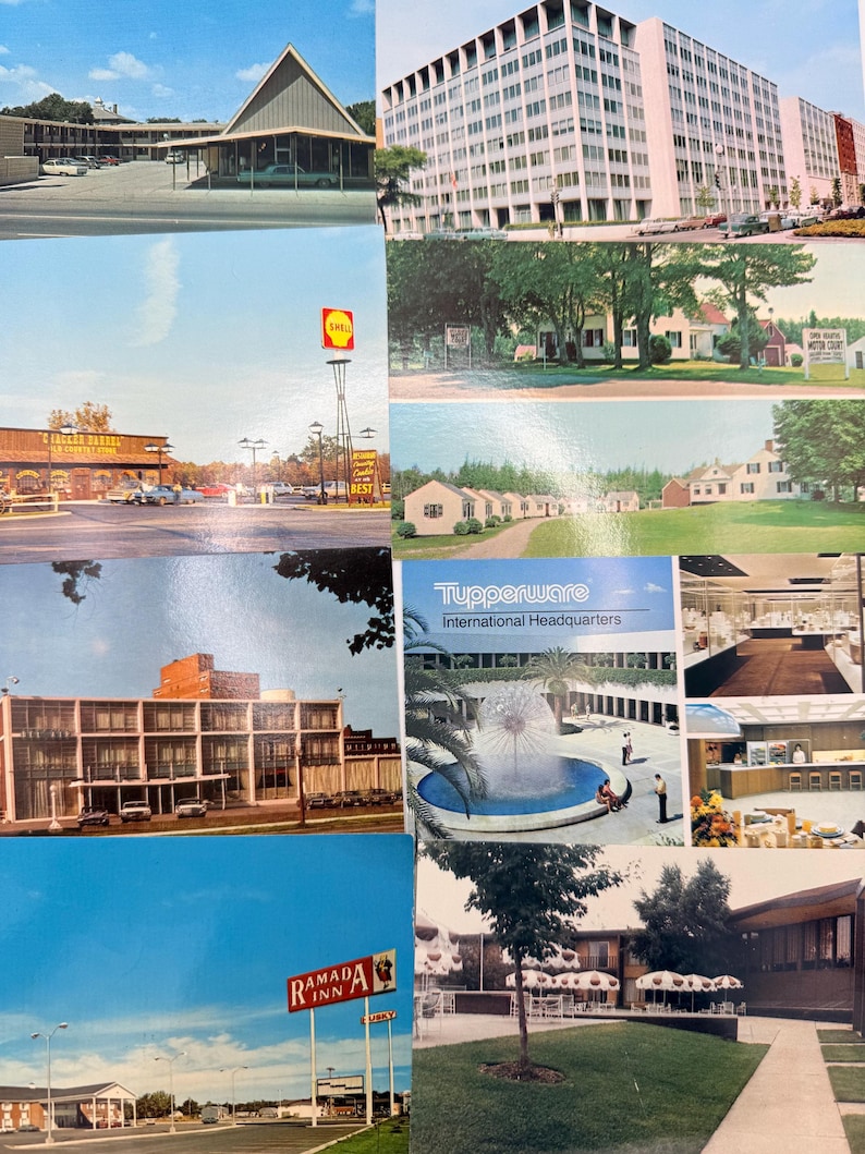May include: A collage of vintage postcards featuring various commercial buildings, motels, and the Tupperware International Headquarters. The images display mid-century architecture, parking lots, a Shell gas station sign, and a fountain courtyard.